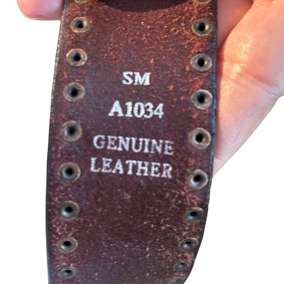 Western Tooled Leather Rhinestone Buckle Belt Brown Studded Small - Picture 7 of 8